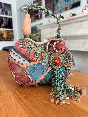 Mary Frances Vintage Beaded and Patchwork Handbag with Twisted Wood Handle NWOT